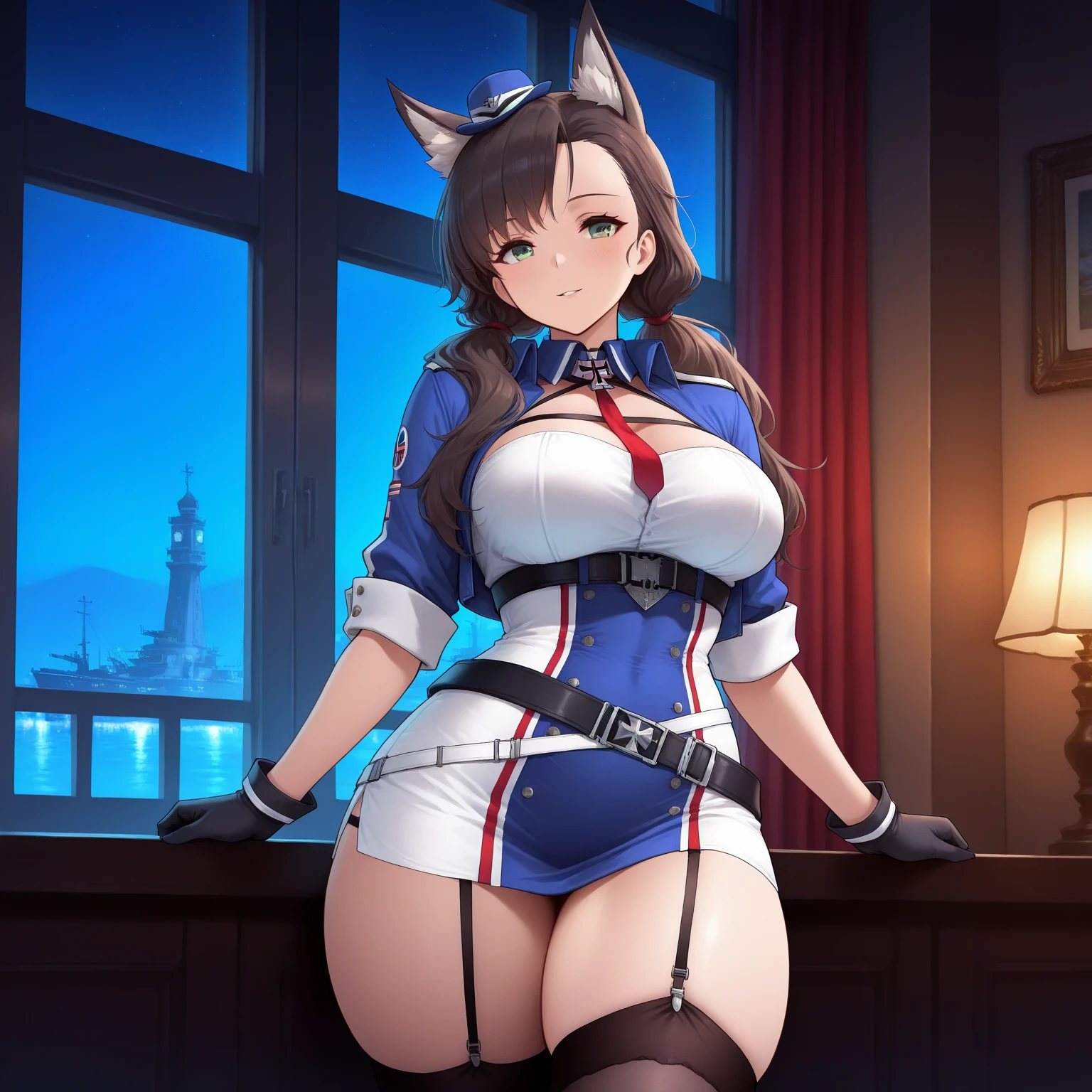 holo is a wolf girl,fox tail, furry art!!!, curvy ,thick thighs,expressive eyes, (fur skin), wolf ears, sch fi, futuristic ,messy hair, very obvious, feral,fox, holo is a wolf girl,fox tail, curvy ,thick thighs, (brown fur skin), furry, stocking, sweaty, plump body type,Serval, fox, wolf girl,fangs, sharp eyeliner, eyeshadow, (detailed eyes,voluptuous, , lace trims, horny, exive eyes, open mouth with teeth , fishnet stockings wrap the thighs, uniform, military, military uniform, military outfit, short skirt, sch fi