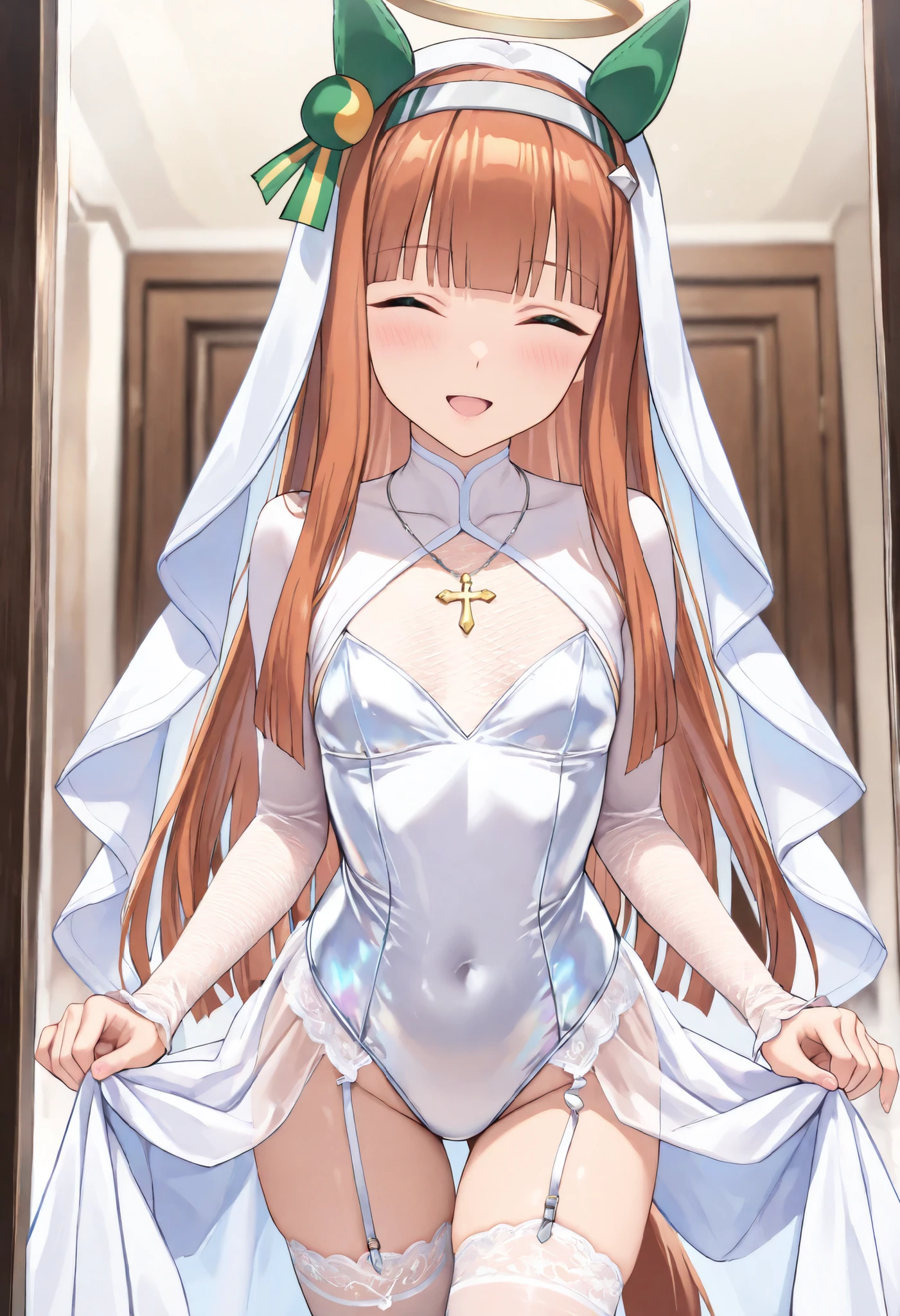 (masterpiece, best quality, perfect face:1.4), wide angle, silence suzuka \(umamusume\), horse ears, ear cover, white headband, small breasts, horse tail, tail on the lower back, proportional body, proportional,1 girl, beautiful hair, beautiful face, beautiful detailed eyes, beautiful clavicle, beautiful body, beautiful chest, beautiful thigh, beautiful legs, beautiful fingers, looking at viewer, BREAK //Fashions Celestial Veil Habit with Iridescent Glow Translucent silver nun habit with faint tint of lilac, layered over soft mesh bodysuit that catches light like frosted glass, Sleeves are flared and tiered with shimmery organza, each layer trimmed in pearlescent white lace, A delicate glassy cross necklace hangs at collarbone, Thigh-high stockings are sheer with subtle glimmer, BREAK held by white satin garter belts with crystal cross charms, Reflective halo-like headband completes look—ethereal, divine, and delicately seductive BREAK, blush happy smile (open mouth), one eyed closed, textured skin, realistic skin, HDR, BREAK, good hands,