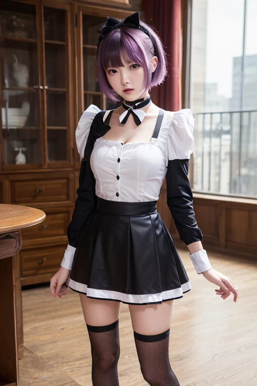 1girl, apron_lift, black_footwear, black_panties, clothes_lift, curtsey, dress_lift, full_body, lifted_by_self, maid, maid_headdress, panties, pink_hair, realistic, shoes, short_hair, side-tie_panties, skirt, skirt_hold, skirt_lift, solo, thighhighs, underwear, white_legwear,(masterpiece),(photorealistic:1.3), nfsw, ultra-detailed, (high detailed skin:1.2),(best quality:1.0), (ultra highres:1.0), tuxedo, black blazer, white shirt, black bowtie,
