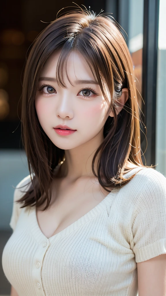 Tabletop, Highest quality, Photorealistic, In detail, High resolution, 8k wallpaper, Perfect dynamic composition, Beautiful attention to detail, Medium Hair, Tied Hair、Big ample breasts, Random sexy poses,Put your chest together、(Tight pink see-through knitwear)、(Breast Swelling 1.3)、Laughter、Open your mouth、The tip of the tongue is visible、(Licking lips 1.5)、Beautiful resort scenery、Age 25、(Droopy Eyes 1.4)、Adult Beauty、Japanese、Look at the person taking the photo