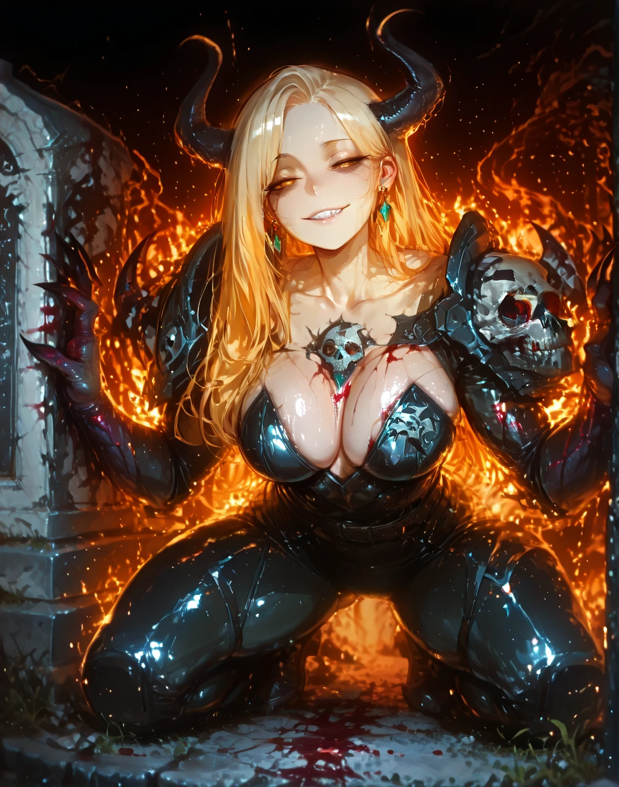 ((high detailed, best quality, 4k, masterpiece, hd:1.3)), ((best quality)), (((HD))), (((8k))), (ultraDH), (ultra HD), Princess Daisy, blue eyes, BREAK blue eyes, seductive, attractive, smooth anime cg art, 36C breasts, long legs, vivid colors, detailed digital art, slim body, perfect skin, dark blonde hair, long hair, blonde hair, blonde hair, BREAK crown, cleavage, 36C cleavage, looking at viewer, BREAK looking at viewer, extremely detailed face, red santa suit, red santa claus suit, santa claus suit, earrings, gem, dark black makeup lips, dark gothic eyeshadows, dark eyeshadows, black eyeshadows, black sexy lips, black lips, (dark:1.2), dark lips, very dark lips, (perfect hands, perfect anatomy), black makeup, black medium lips, black thick lips, detailed fingers, five fingers per hand, 5 fingers, (1 girl), detailed lips, detailed black lips, black painted lips, gothic painted lips, BREAK night, night sky, (breast focus), (arms outstreched:1.2), (from above:1.1), (breasts out:1.3), (off shoulder:1.1), (white horns), (bra), inside a lava castle, she inside a sea of lava, she bathing in lava,
