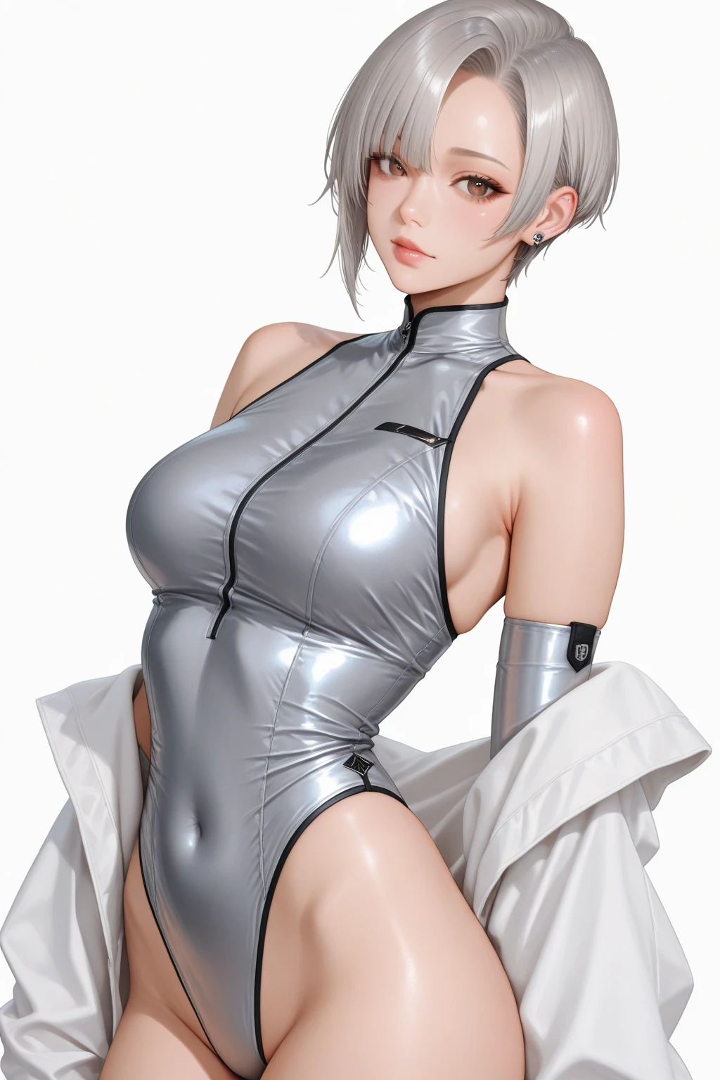 (8k, photorealistic, RAW photo, top quality: 1.4), (1girl), super beautiful, (realistic face), (boyish, silver-colored berry short hair), beautiful cyberpunk suit, glares seducing viewer, beautiful expression, beautiful breasts, (realistic skin), beautiful smile, (soldier), attractive, ultra high resolution, ultra realistic, high definition, spoiled