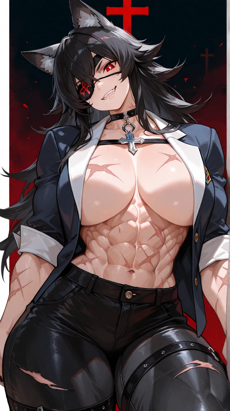 ((1 girl)) whole body, standing, gray skin, drow, elf, maduro, purple eyes, by white, black bikini, ABS, tattered rags, chain collar, stomach tattoo (red tattoo)