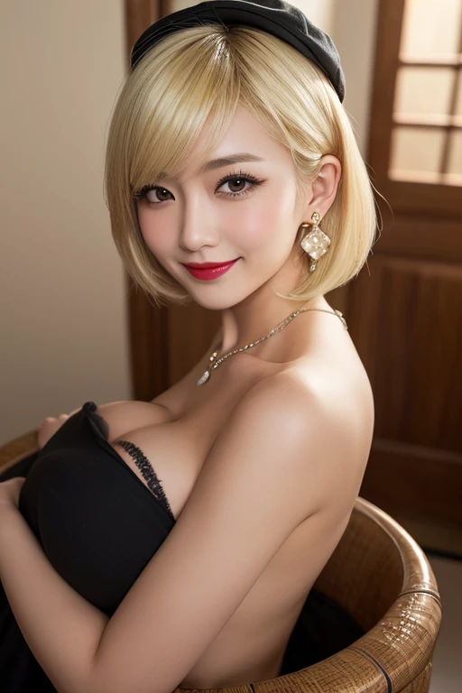 Araffe woman with a lace halter top and blonde bob hair sits at a table in a luxury restaurant with a beer. Beautiful Thai woman. Beautiful Thai woman. Thai anime girl short hair, beautiful thai woman, Cute Girl, Cute Thai girl's face, beautiful, good figure, model, big breasts, very beautiful smile, Thai girl, Thai model, Thai model, gravure idol.