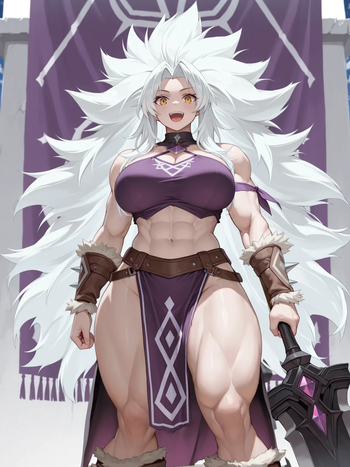 ((1woman)) whole body, standing, gray skin, drow, elf, 1 girl, maduro, purple eyes, by white, black bikini, ABS, Large knockers, tattered rags, chain collar, stomach tattoo (red tattoo)