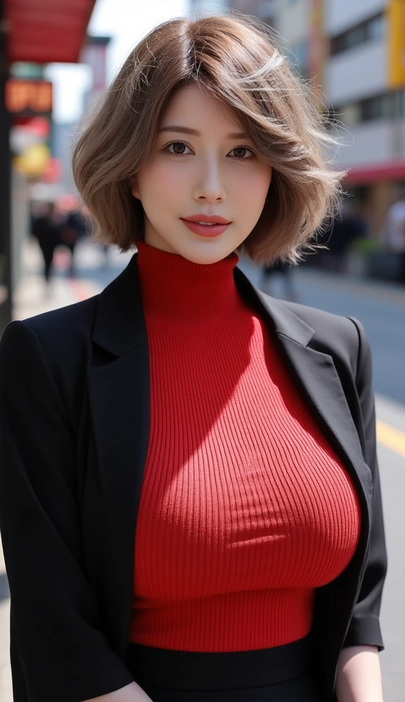 Jennifer Lawrence is beautiful, smiling happily, wearing a red wool bodysuit standing next to a red supercar