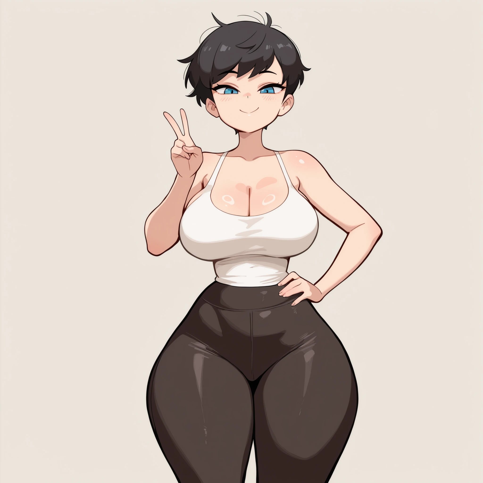 masterpiece, best quality, amazing quality, very aesthetic, absurdres, high res, shiny skin, diives, 1girl, solo, short messy black hair, pixie cut, blue eyes, big breasts, narrow waist, wide hips, thick thighs, white tank top, black leggings, blushed, smile, peace sign hands, hand on hips, standing, looking at viewer, simple background, from the front view