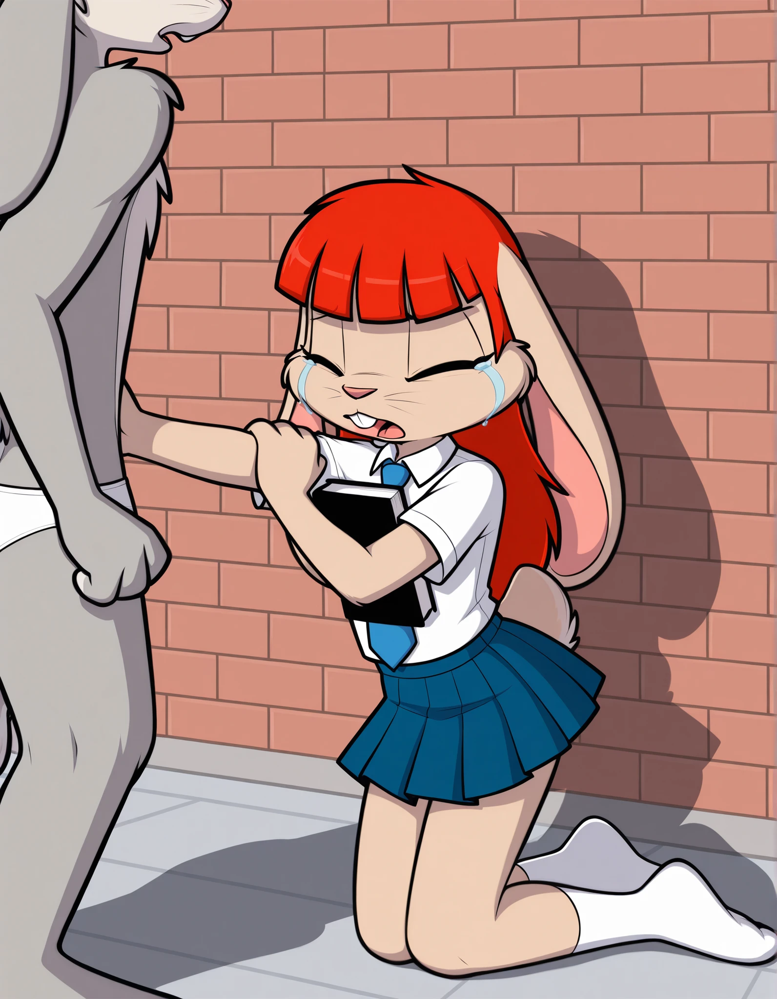 Score_9, score_8_up, BREAK, Pippi, 1girl, solo, red hair, short twintails, black eyes, freckles, red dress, blue overalls, thighhighs, mismatched legwear, multicolored legwear, asymmetrical legwear, seductive, aroused, blush, from above, 1man around, erected penis, blowjob, girl swallow man penis, saliva, man hand on girl head, girl hand on man penis,