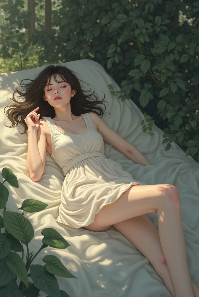 A beautiful girl sleeping on the flor outside, on dirt, realistic, full body, legs visible, hurt hr leg