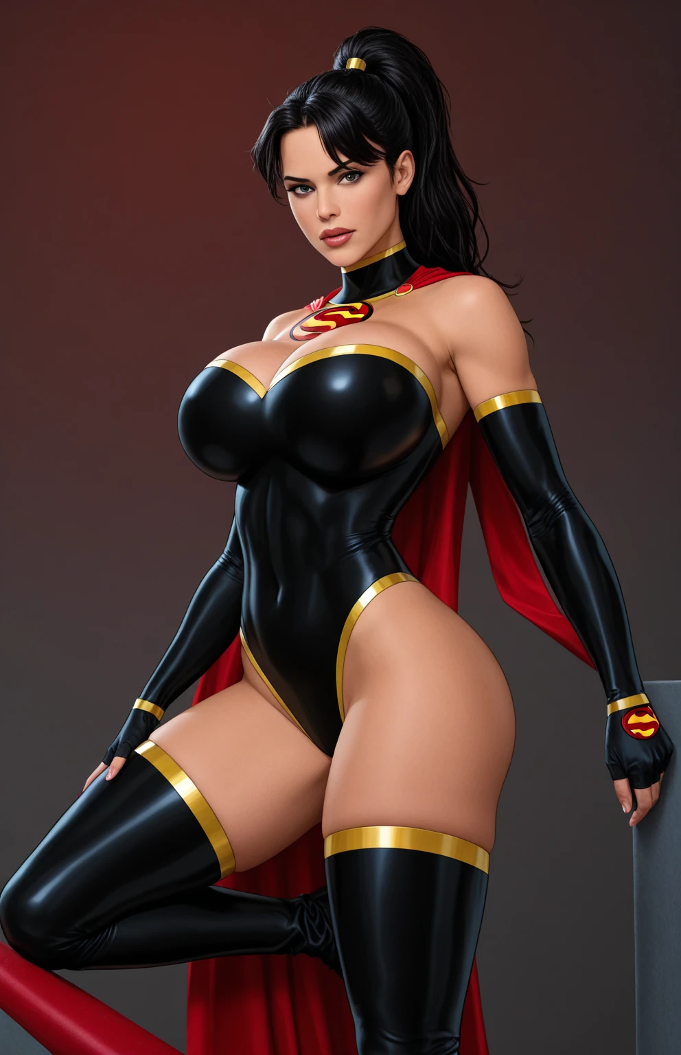 a beautiful girl with long flowing hair, meghan thee stallion, black American, dark skin, superwoman uniform, tight fitting bodysuit, red and blue colors, flowing cape, heroic, powerful, determined expression, studio lighting, photorealistic, 8k, high quality, digital art