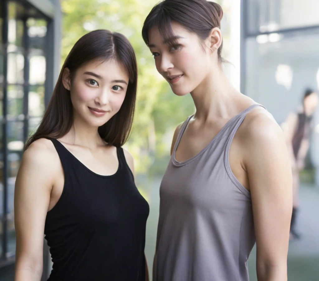 Tabletop、masterpiece,(Stock Emphasis:1.3)、(Tank top),Natural light、 Attention to detail, Depth of written boundary, 135mm, Super detailed, high quality, Awards, 最high quality, High resolution, 8k,30 years old、(Two women facing each other:1.5),Correct skeleton,(Side Shot;1.3),(Side view:1.5),(On the street),smile