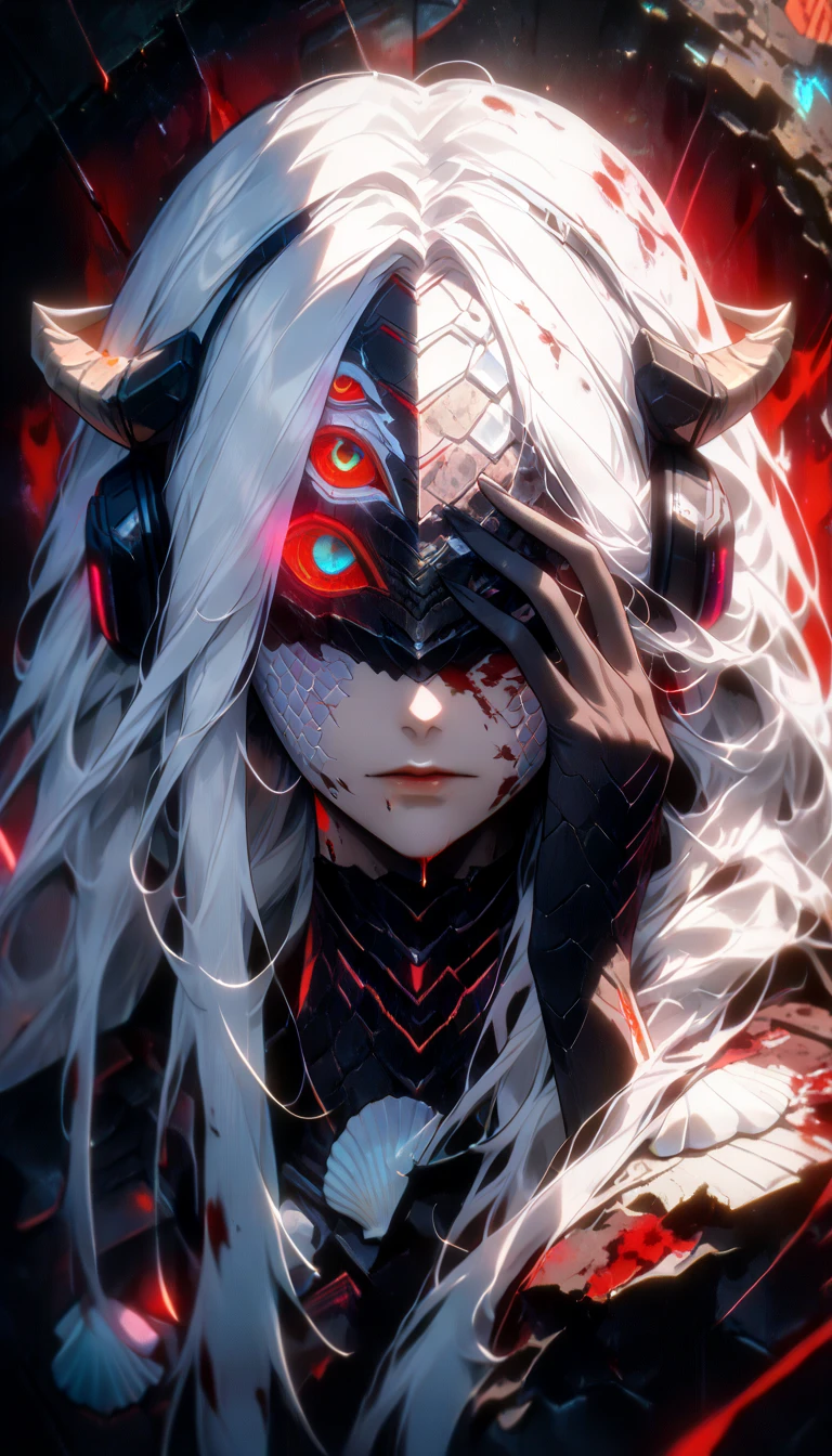 silver hair, gradient hair, mask removed, mask on head, headphones, gradient eyes, slit pupils, devil eyes, devil pupils, snake pupils, heterochromia, purple eyes, yellow eyes, horizontal pupils, animal ears, moaning, anime style, En plein air, dithering, god rays, depth of field, chiaroscuro, UHD, masterpiece, textured skin, super detail, high details, high quality, highres, best quality, award winning, 16k