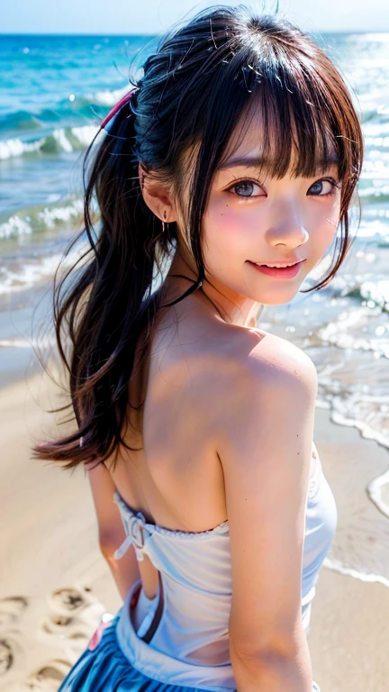 ((top-quality、Top image quality、超A high resolution))、((Raw photo、Photorealsitic:1.4))、Beautiful girl walking on the beach、18year old、Neat and clean beautiful girl、walking alone、独奏、((flat breast、small tits：1.4))、tthin eyebrows、cute smile face、Young models、short-cut、Round contour、tiny chest、1girl in、A charming smile、big eye、Idol、Ultra-detailed and beautiful skin、White Micro Bikini、Perfect Style、Super detailed and beautiful face