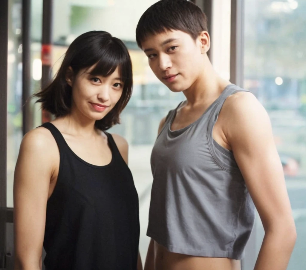high resolution Seaside Japanese Male and female couple Older men Men have gray hair The man has visible abdominal muscles Men with lots of abdominal muscles are cool Cool Women are young Black Hair cute Stylish The woman is wearing a tank top
