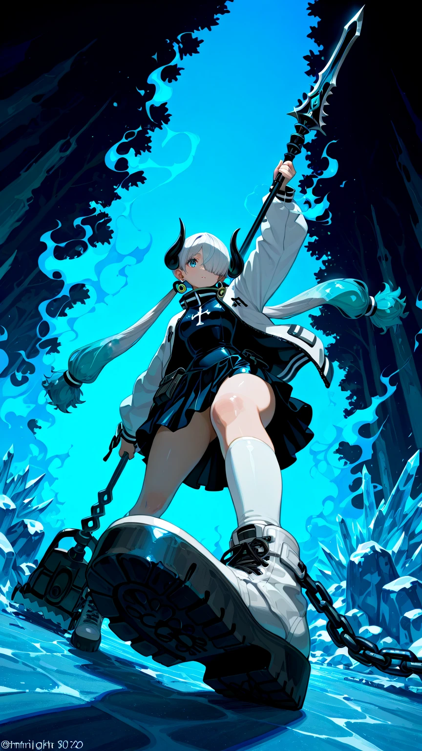 Extremely Curved Avesal Aphum＝Za Musume,Thin and Cool Russian Face with Attention to Details,(tall),(166cm:1.1),BREAK Absolute Zito Eyes Dyed with Blue Hate,Curvy,plump upper chest,Curvy Noble and Tight Body,constricted,Long Toes and Soles,Gloss Skin,Blue Faded White Beautiful Skin,BREAK (black,Iceland Blue, Gray white,multicolor,Woman with Gradated Colored Hair),Twirl Medium Light Flower Hair,BREAK (Destitute Daughter One Piece Style Abstract Dress),(long tailored jacket with cold flames at every joint, integrated clothing),(Cold Air Flames Waving Curtain-style Multiple Symmetrical skirt),(Ice Blue Short and Wacky Ice Sheep Horn with Silver Accessories),BREAK INNER STRONG ABSOLUTE ZERO SPATS,Inner pure white socks,HIGH TOP SNEAKER BOOTS,Ice Earrings,Chain Ribbon,BREAK Moco Waist Pouch,(Thematic depth:1.2),(Iron Ball Chain Spear with a Spectacular Ice-Shaped Rotating Saw),BREAK (Latest Kabukicho Makeup:0.9),(Ice Dungeon Background:1.2),(Random Queen Pose),has a weapon,(Swing your weapon down,During combat),BREAK (POV flat angle:1.2),(rimlight on chest),dynamic shadows,BREAK (God's miracle masterpiece:1.2,BREAK Best high quality,high quality:1.2, Unity 8k )