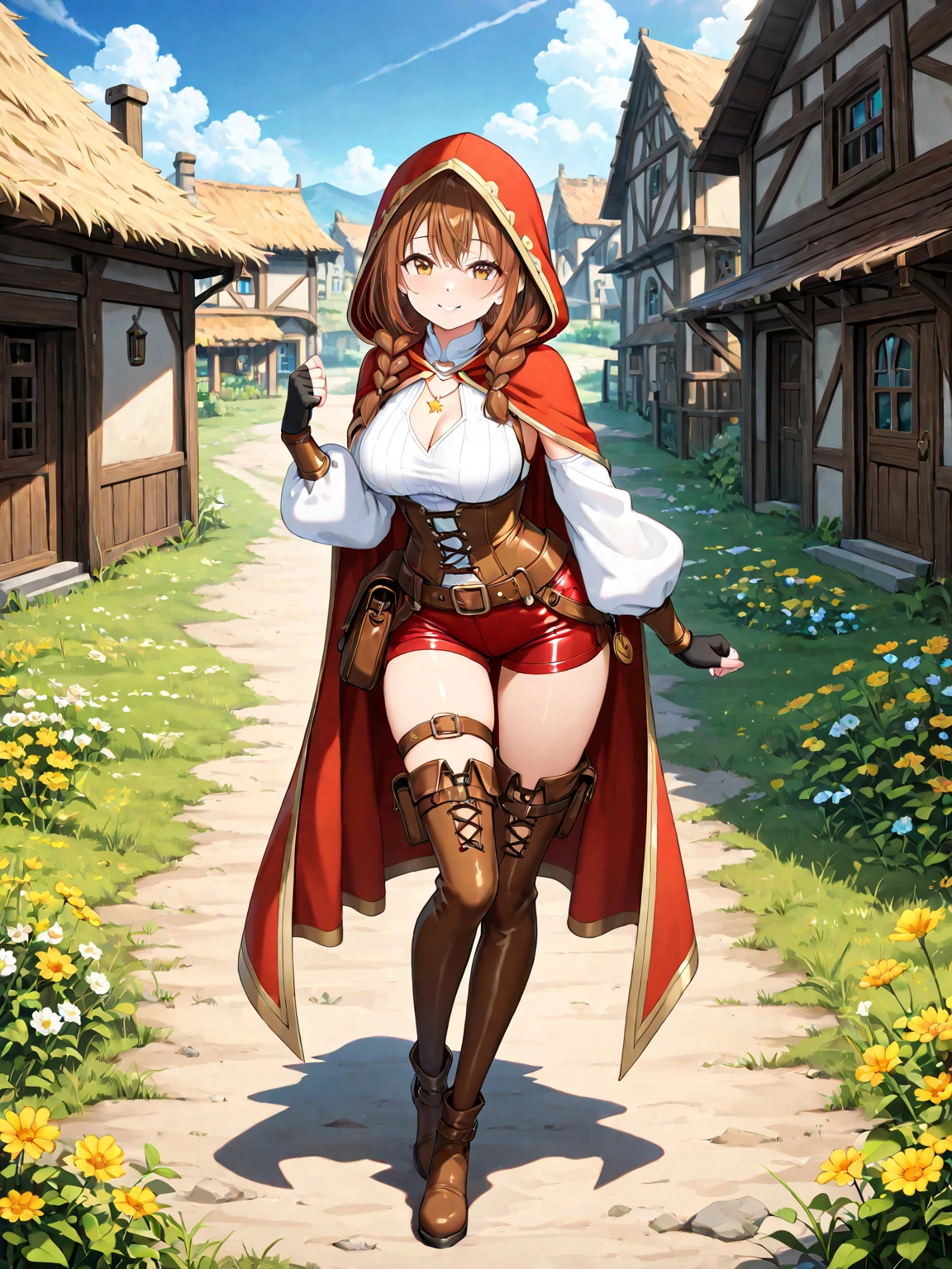 (Masterpiece, Best Quality, 1girl:1.2, 独奏:1.3), Lyubava, Stockings, cleavage, Flirting, Evil, стерва.  Smile, Long hair, Green eyes, brown hair, braid,  ((red cap with yellow circles)), headdress, Latex dress with red trim, white sleeves, blush stickers, freckles, Sunlight, large breasts, big thighs, thights, Dress, blue skies, green grass, action pose,