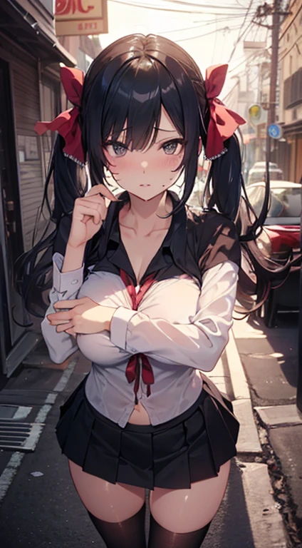 A woman with big ，ahegao，Black long hair，twintails，Exquisite，(((transparent)))，Red ribbon，sleeveless，Loose collar，Protruding lower chest，Slim waist，pubic，blush，on the street，crowd，