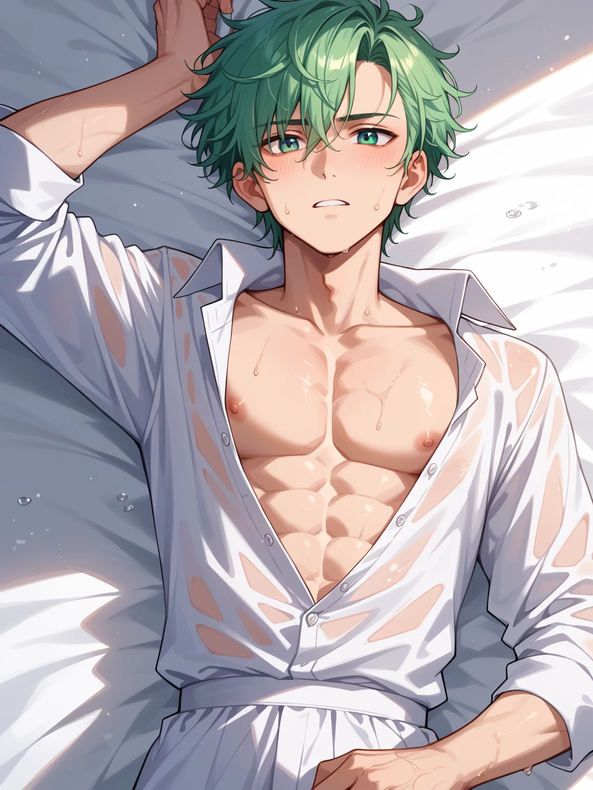 2 Tall muscle guy , 20 years old , lying on white bed sheet , green clear slime, naked , relaxed face , blue eyes , full body,