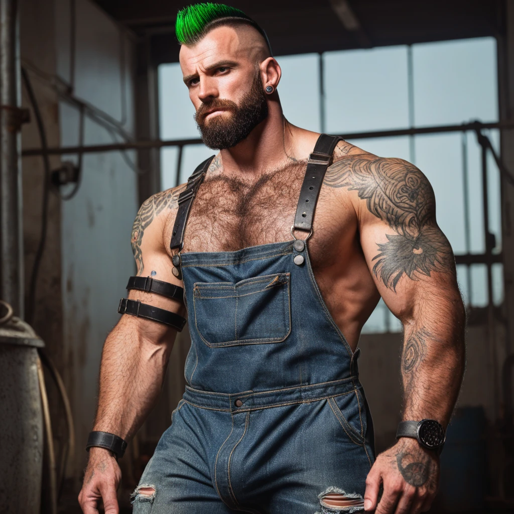 Massive Bodybuilder in torn overalls, massive big bulge,  mechanic, neck torc, 
mohawk guy, pale skin, green hair, thick beard,  look, 
male only, gay hunk, dim light, darkness, metal arm, natural body hair, hairy legs, hairy , glowing tattoos, handsome eyes, perfect eyes, metal piercings, robotic arm, metal arm, leather straps, realistic lighting, 4k quality, high-resolution, masterpiece, action shot, zPDXL3,Hairy,AddXL