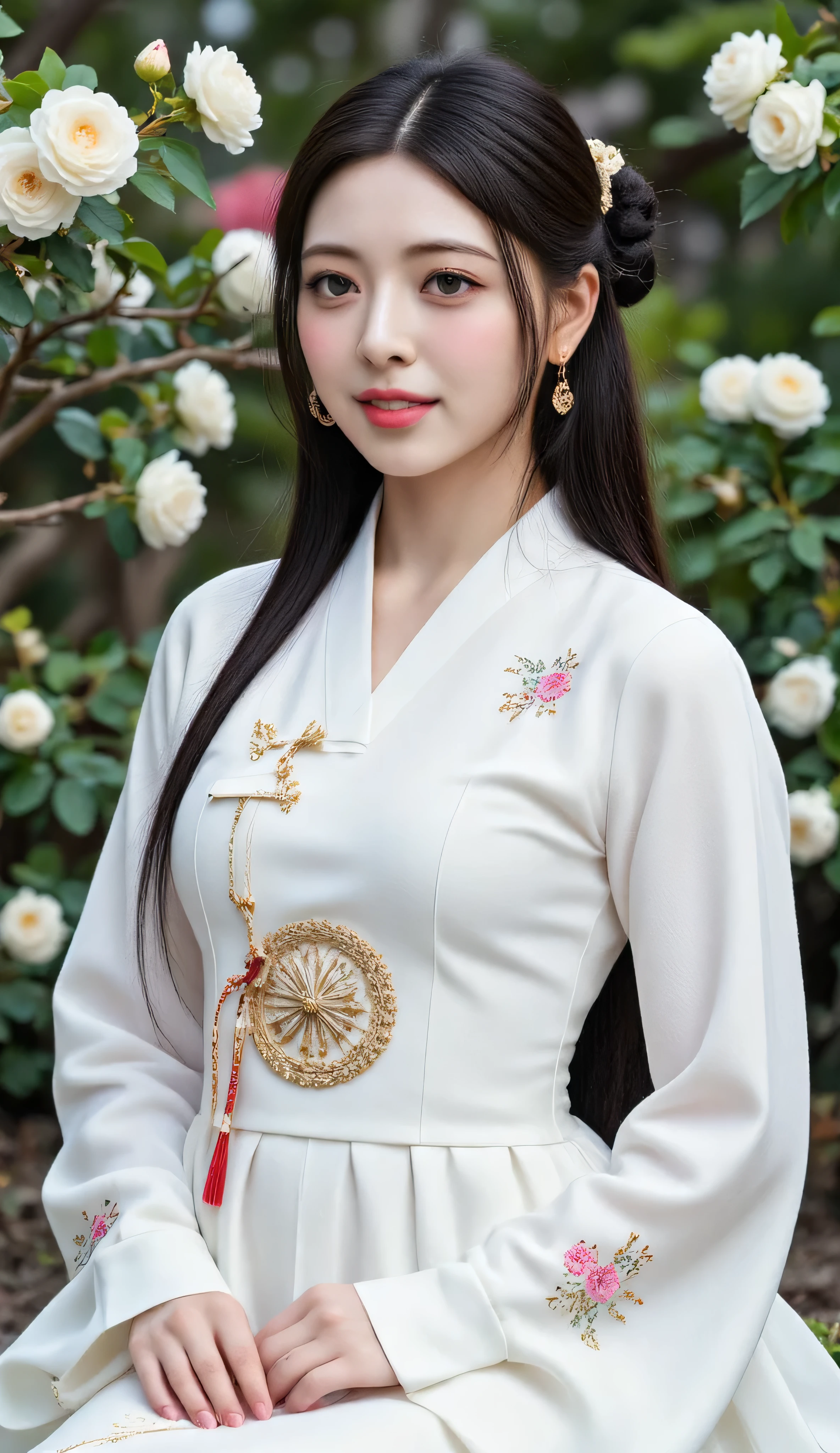 1girl, portrait of 1girl, Korean woman wearing pearl‑white jeogori and chima hanbok, surrounded by real flowering mugunghwa shrubs, genuine sweet smile


full body shot, centered framing, eye-level angle, 

cinematic lighting with dramatic shadows, natural skin tones showing subtle imperfections, ultra-realistic textures, seamless PBR details, hyper realistic 8K, vivid color rendition, 

RAW candid cinema aesthetic, photorealistic masterpiece, no extra limb