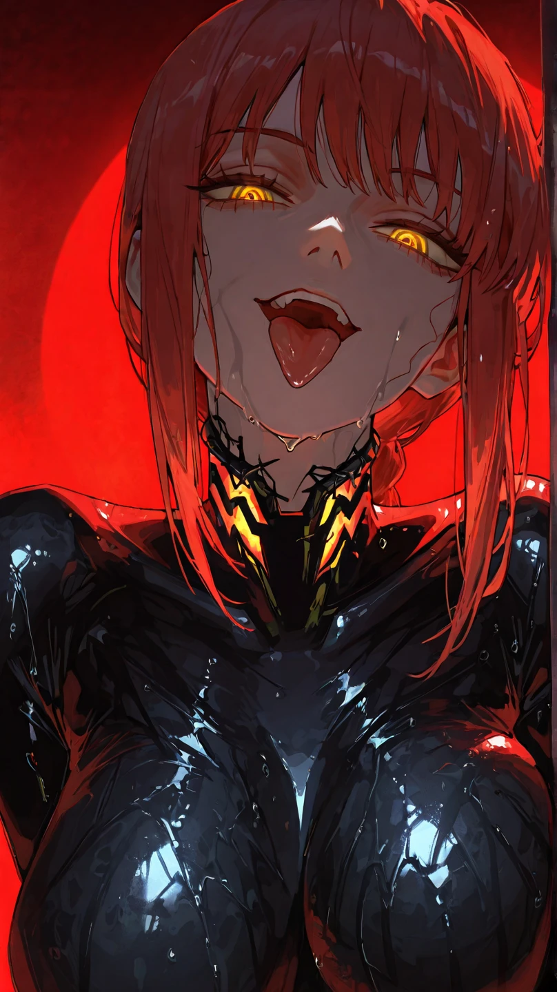 score_9, score_8_up, score_7_up, extreme_close_up, open_mouth, tongue_out, seductive_smile, alluring_pose, submissive, black_body_suit, large_breasts, wet, glossy_skin, wet_clothes, glowing_skin, cinematic_lighting, vivid_colors, high_contrast, red_background, dramatic_lighting, intense_eyes, red_hair, yellow_eyes, bangs, ultra_detailed, looking_at_viewer, masterpiece, best_quality, anime_style, makima_(chainsaw_man), chainsaw_man, charming_villain
