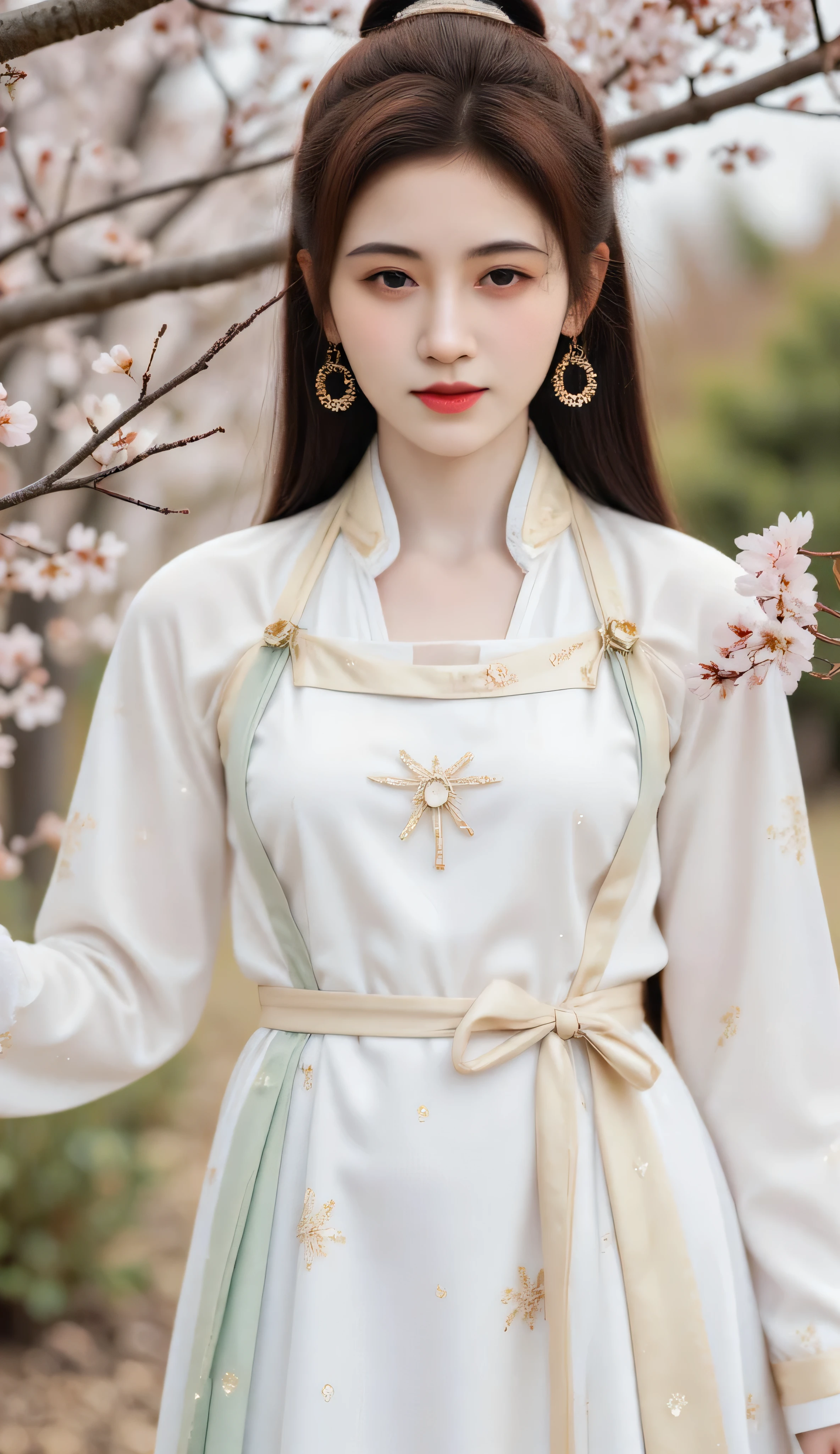 1girl, portrait of 1girl, Chinese woman, wearing snow‑white Tang‑style hanfu, framed by real white and pink plum blossom branches, genuine sweet smile
full body shot, centered framing, eye-level angle,
cinematic lighting with dramatic shadows, natural skin tones showing subtle imperfections, ultra-realistic textures, seamless PBR details, hyper realistic 8K, vivid color rendition,
RAW candid cinema aesthetic, photorealistic masterpiece, no extra limb