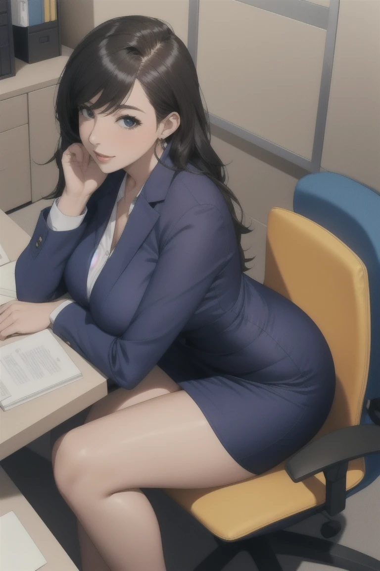 (best quality,4k,highres,masterpiece:1.2),ultra-detailed,(realistic,photorealistic,photo-realistic:1.37),single mother age 28,beautiful detailed eyes and face,smiling,confident,black hair tied in a neat bun,blue banking tailor uniform,posting important documents,efficient and professional,organized desk,modern office environment,sunlight streaming through large windows,comfortable ergonomic chair,professional demeanor,vivid colors,sharp focus,physically-based rendering,studio lighting,bokeh
