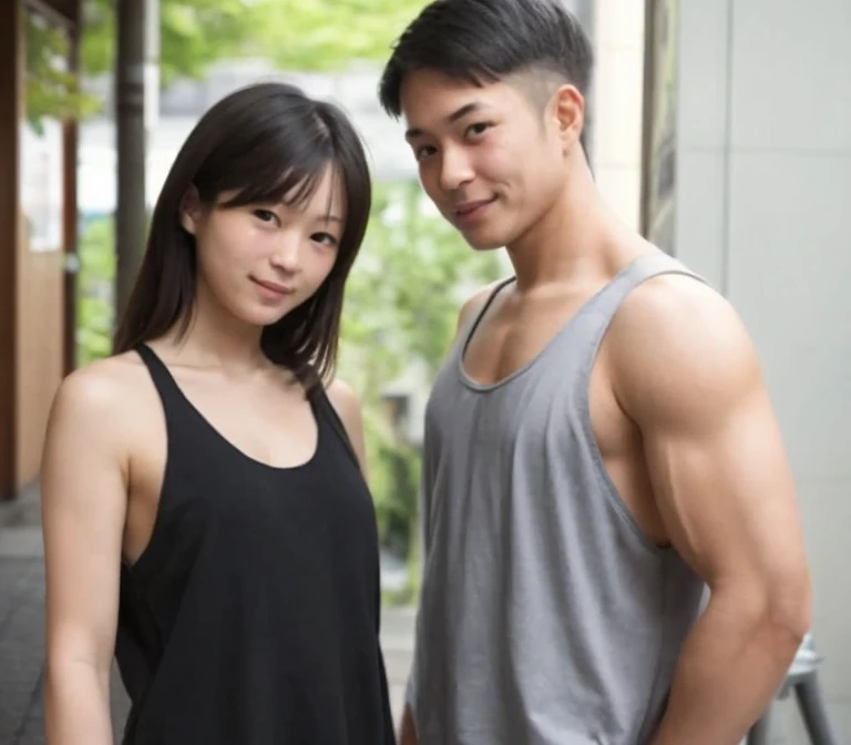 40 year old beautiful athletic asian woman with muscular body wearing sports bra and shorts at running race posing for photo with her shirtless caucasian male friend. Arms around each other. Her hand on his chest. Smiling