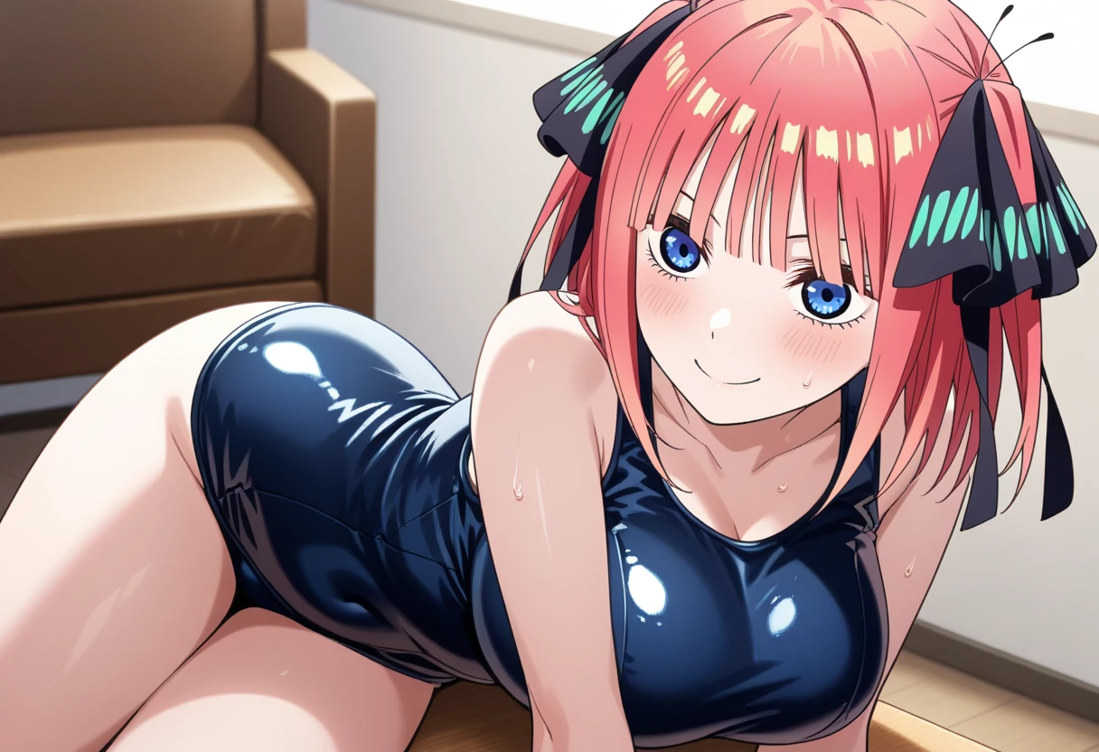 best quality, ultra-detailed masterpiece, anime art style, cute characters, nino nakano, one-piece swimsuit, large breasts, pantyhose, blush, smile, open legs, pussy focus