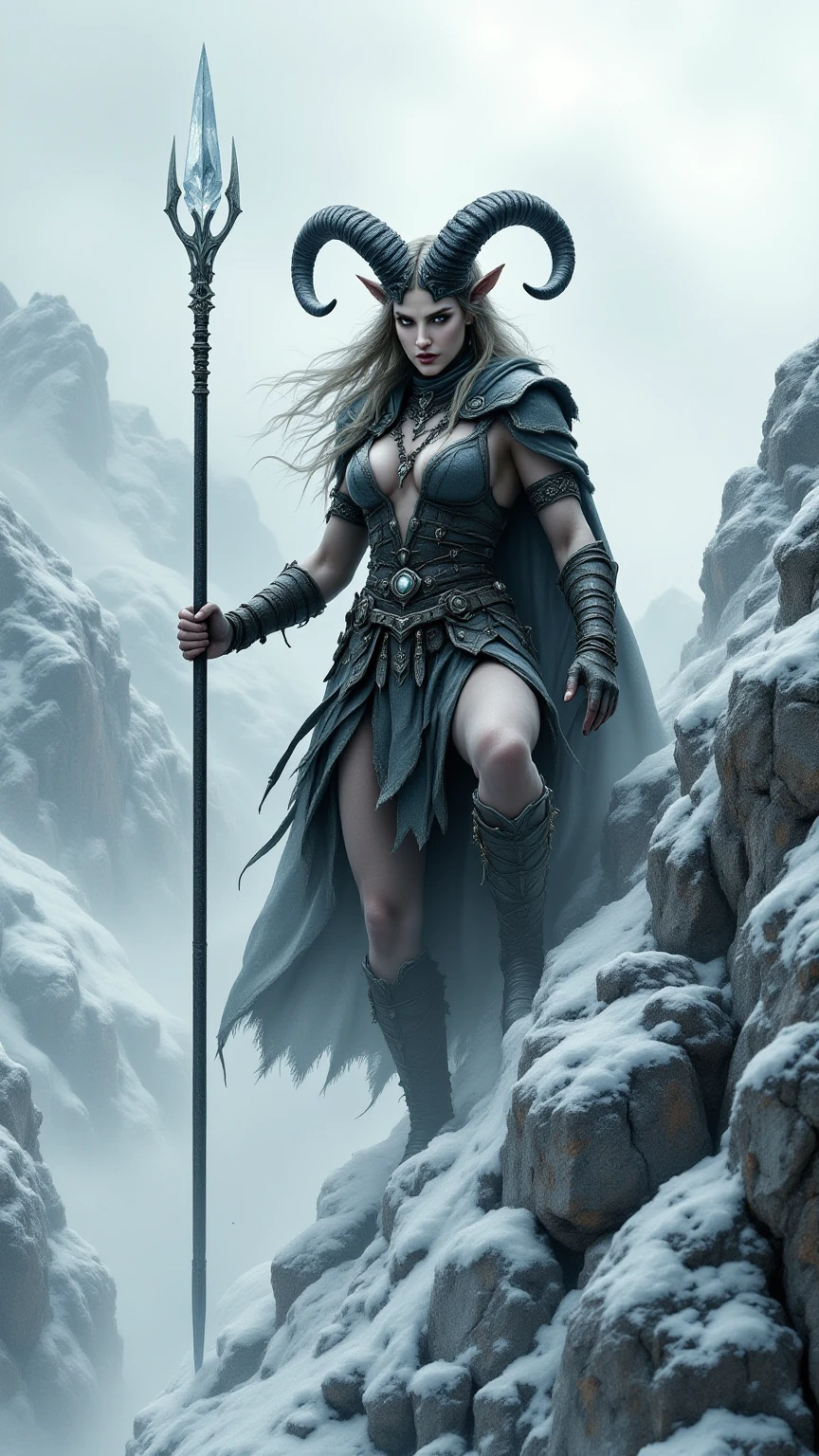 A dark-souled sorceress stands atop a mountain peak, casting spells to summon her army of elemental creatures. Her eyes glow with an eerie light as she chants ancient incantations, and the winds around her whip into a frenzy. ((Her hair is a lustrous silver and is braided into intricate patterns )) and she wears a flowing black robe adorned with a shimmering red gem in the center of her chest. In the distance, dark clouds gather and a storm approaches, ready to do her bidding.