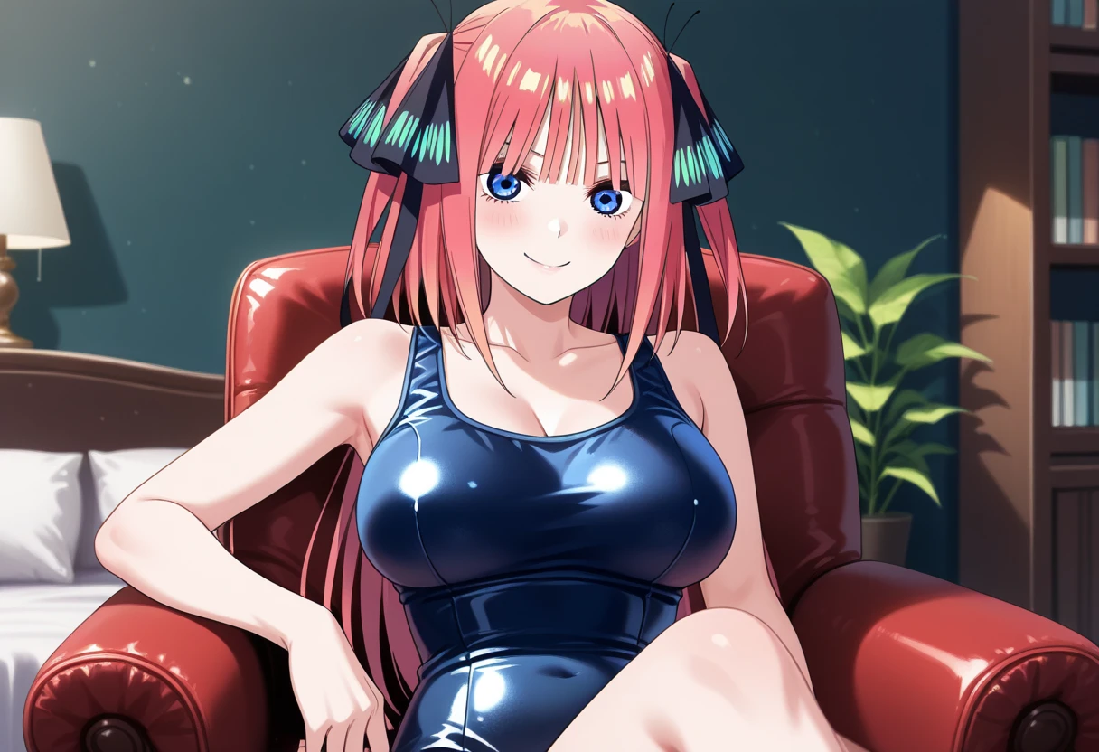 best quality, ultra-detailed masterpiece, anime art style, cute character, nino nakano, large breasts, blush, smile, one-piece swimsuit, pantyhose,
