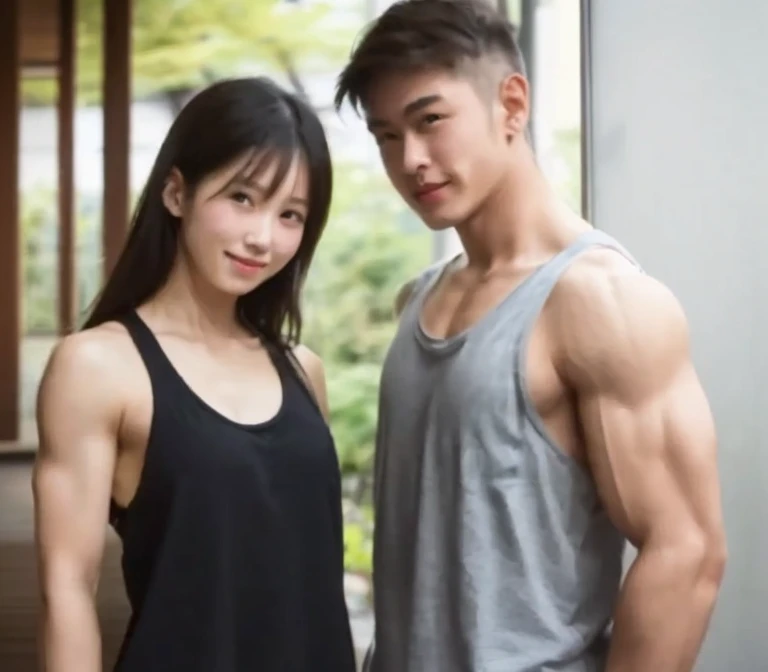A Chinese man and a young Korean woman, age difference, age difference, giant size, ((18 year old man, cao 1m80, muscular body, smiling face, body full of hair, broad shoulders, eo hẹp, 8-pack abs, enlarged penis (((extremely detailed)), hug standing, Tighten the girl's chest, insert the penis into the girl's vagina)), ((30 tuổi sexy young girl, cao 1m60, Small size and skinny, long black hairstyle, face red because of embarrassment, tư thế tình dục, kiss, ngực F cup, sitting legs, âm đạo hồng hào)), 18 year old man, A young girl, sea, wooden hut, Detailed face, thực tế, ngực, nude, tình dục, áo tank top xuyên thấu, large chest groove, small areola; full body photo