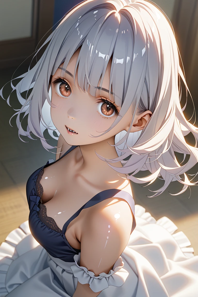 (Masterpiece、Highest quality、Very detailed、4K)、One Woman、17 years old、Silver Hair、short hair、(((beta)))、chest、Beautiful arms、Beautiful thighs