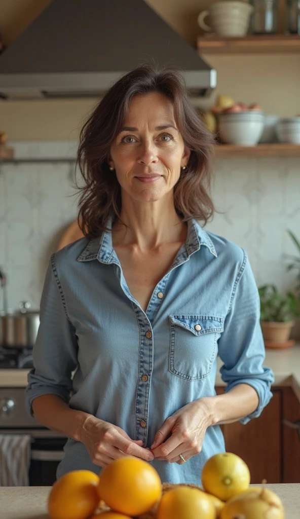 Middle aged latin woman washing dishes with cold water in blue dress and smiling


