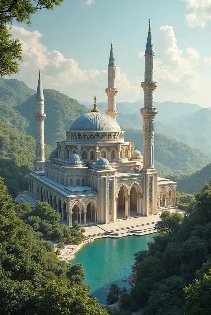 Mosque on top hill, serene, realistic, wide view, 8k