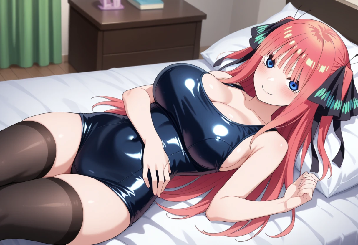 best quality, ultra-detailed masterpiece, anime art style, cute characters, nino nakano, one-piece swimsuit, large , pantyhoed room
