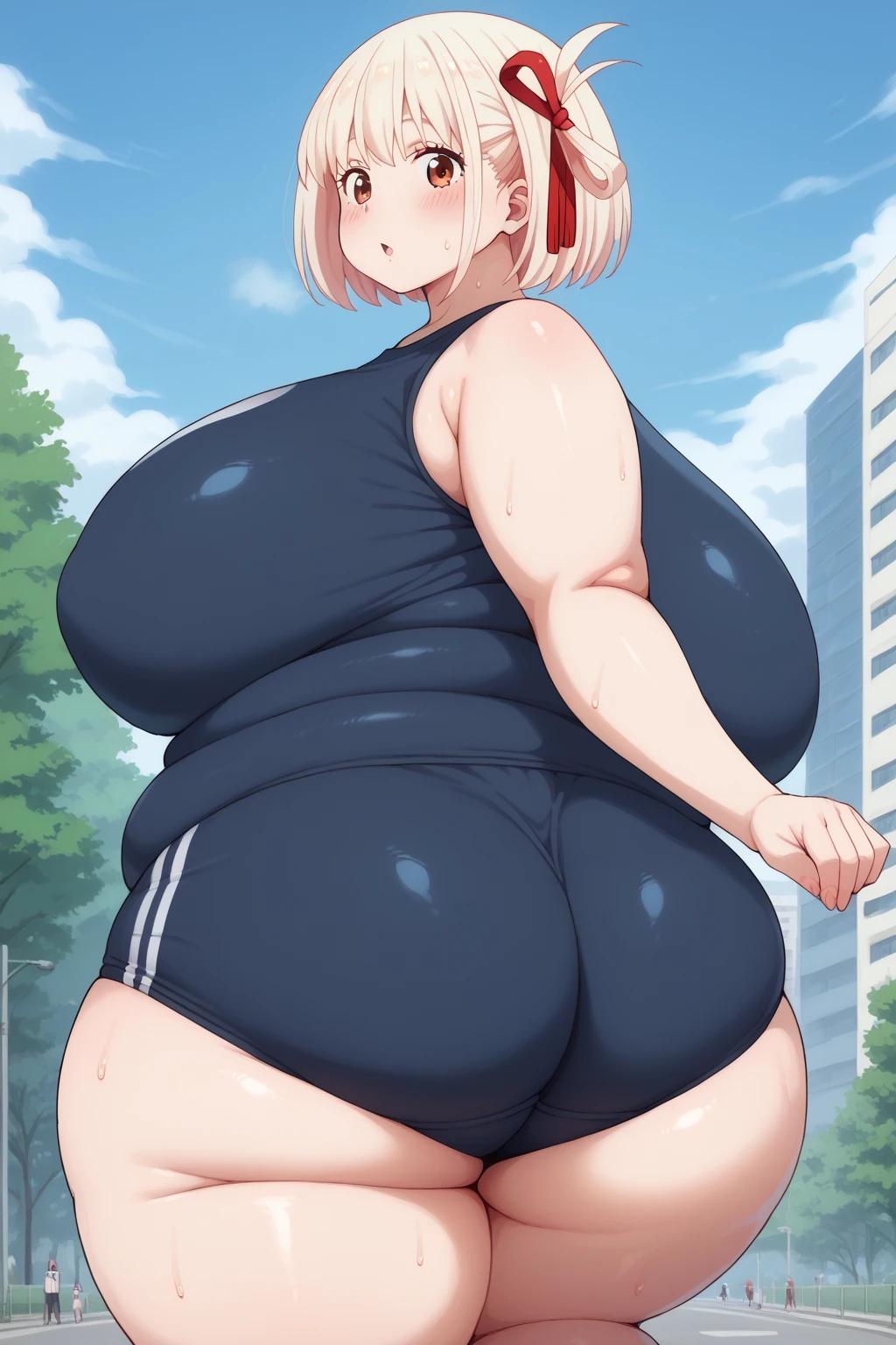 A woman，White short hair，Black eyes，Cow sports shorts，Bikini，Long legs，Nipple protrusion，Twenties，exposed，Sneakers，Huge breasts，超级Huge breasts，Standing