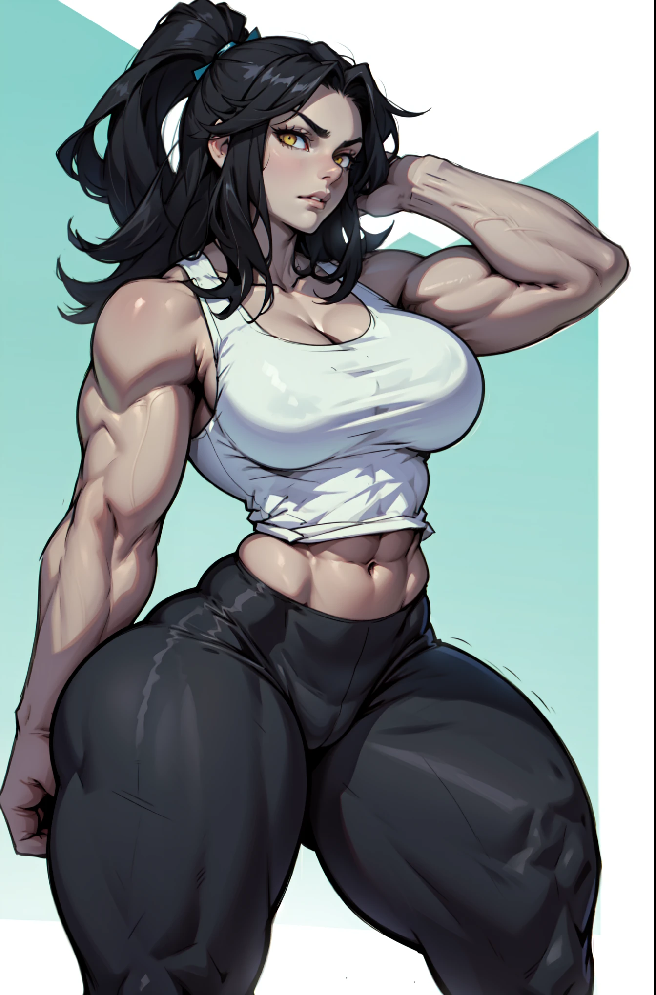 ((muscular)) ((huge breasts thick)) thick thick thick really long hair black hair yellow eyes disappointed disdain digusted annoyed girl best quality skintight high quality sweaty shiny skin glistening steamy shiny skin