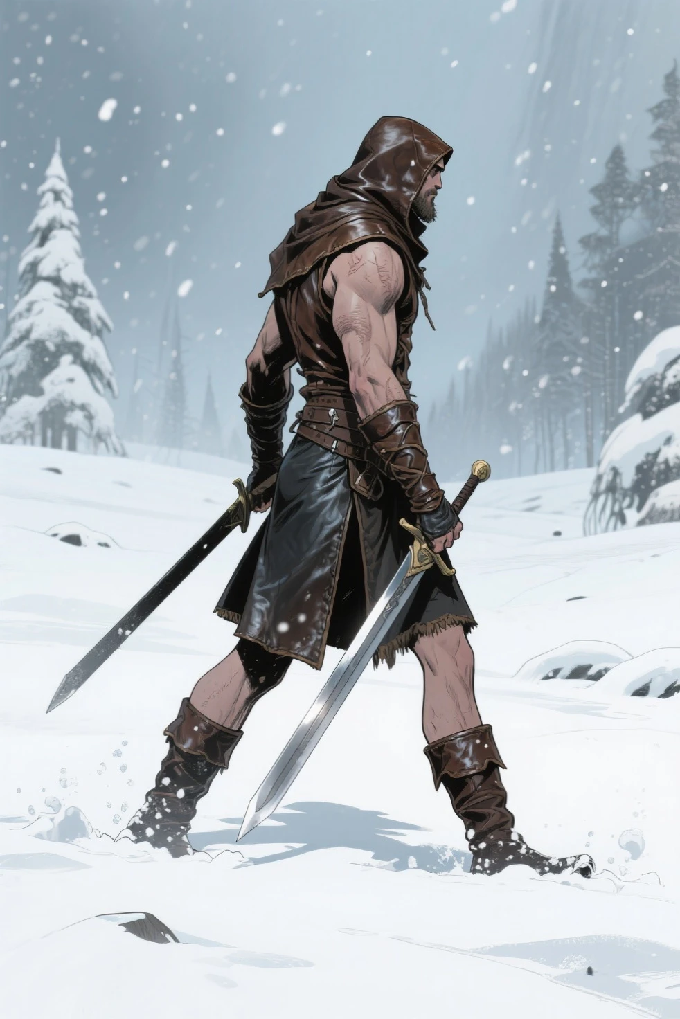 A vast mountain landscape with high, cloudy peaks, a dense and mysterious forest in the background, and a starry sky that becomes clearer with the dawn on the horizon. The scene combines the majesty of the mountains and the serenity of the forest with the promise of a new beginning..
The hero is in the center of the image, In the foreground, moving forward with determination. Wear light armor or travel clothes, with visible scars on his skin suggesting past battles. His expression is a mixture of courage and wisdom..
