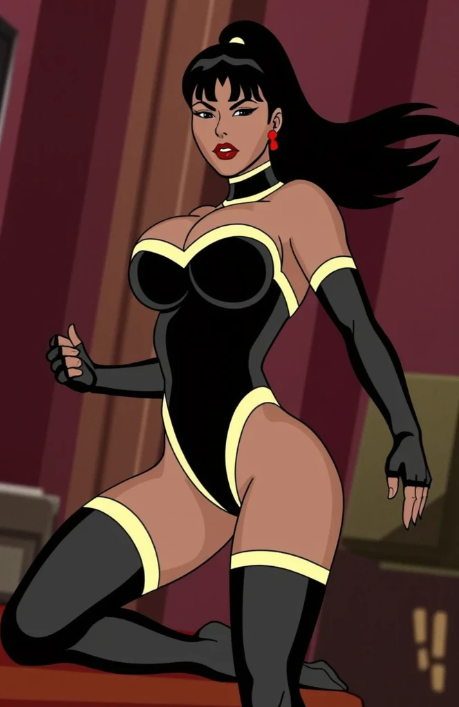 a cartoon picture of a woman in a black and yellow outfit, cassandra cain in satin, vixen, cassandra cain, inspired by Bruce Timm, in a mixed style of æon flux, raven, commission for high res, portrait of modern darna, badass pose, inspired by Yang J, bara, selina, demoness, robin, villain pose