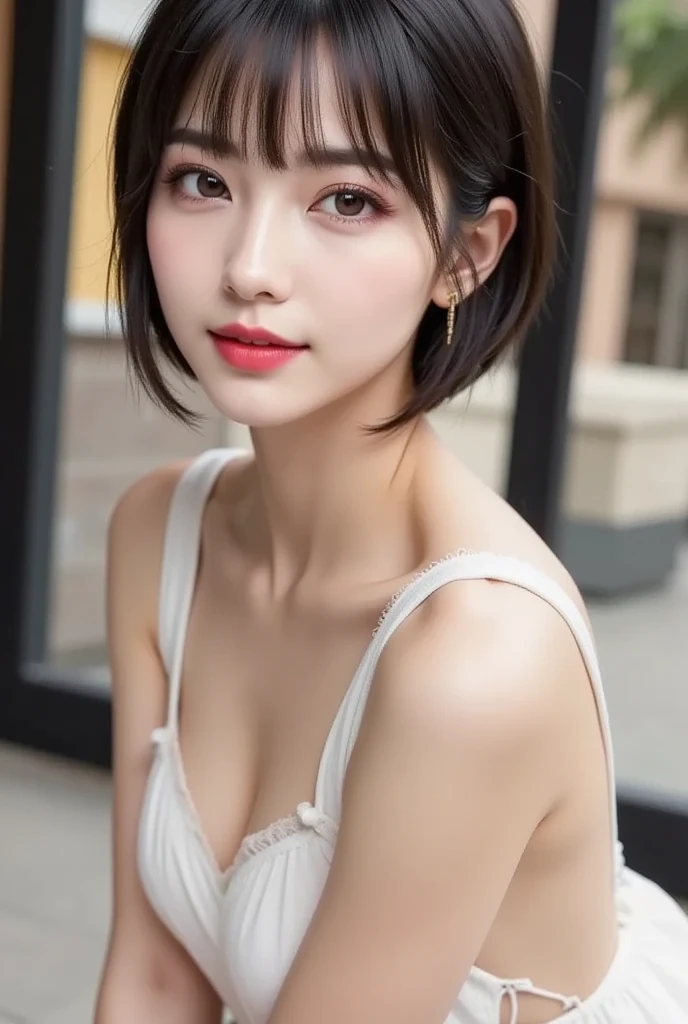 8k, Ultra-high resolution, Highest quality, masterpiece, 三分割法によるphotograph,Surreal, photograph, 1 Girl, (16 years old:1.3), pretty girl, Cute Face, Beautiful eyes in every detail, 細かくdetailedに,masterpiece,One Girl:1.2,Japanese female announcer,upper body,Serious expression,Black short hair,Bob with bangs,Neat dress,Pencil Skirt, Look forward, Standing posture, Opposition, Dynamic Lighting,Hotel room、 Sharp contours, Light from above, Low contrast, (Side view),Perfect and beautiful face ,完璧でCute Face, Skin with attention to detail, Perfect limbs、Narrow waist,Looking at the audience,(((Ideal body type))),A cup small breasts :2,Portraiture:2,Perfect Anatomy,鮮明なdetailed,detailed,Surreal,Light and shadow,stage lights
