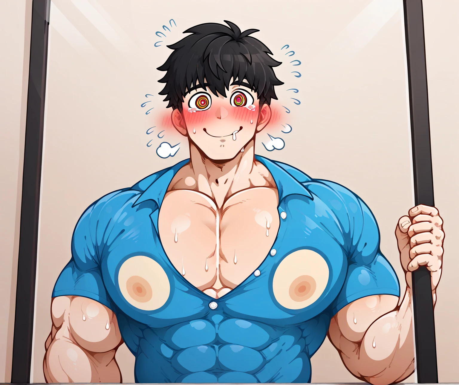 2 men, dragon ball style in color, having hard gay sex, sweating, very hairy bodies, devastated expressions, dynamic poses, sweating.