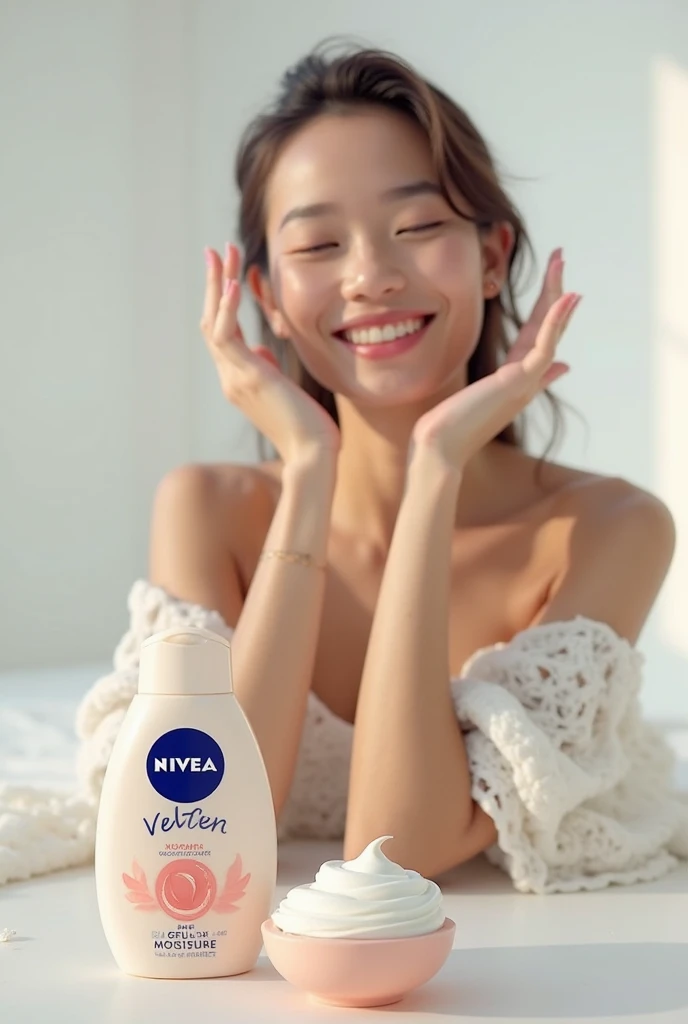 Draw me a beautiful Vietnamese girl holding Nivia extra bright body lotion with purple number 8 for review
