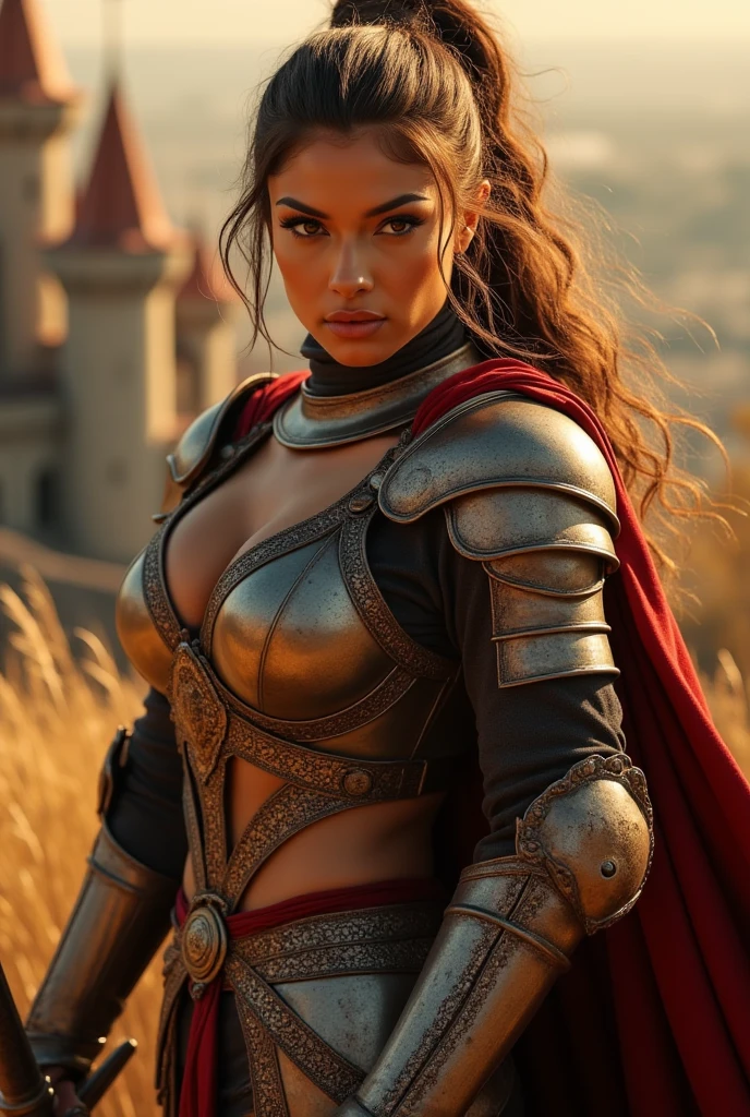 (highres,ultra-detailed,realistic:1.2),sexy warrior woman,beautiful detailed eyes,beautiful detailed lips,long raven hair,confident expression,vibrant armor,fit physique,intense gaze,fierce attitude,strong pose,weapons drawn,dark and moody lighting,sci-fi/fantasy concept art style,dramatic shadows and highlights,bold and vibrant colors,war-torn battlefield,smoke and fire in the background,warrior surrounded by fallen enemies,emerging victorious.