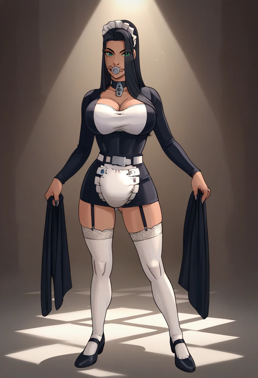 A full-body full-length_portrait for a fashion show of Hyuuga Hinata, a 51 year old athletic gymnast with black hair and very tanned skin, catwalking. She wears a red, highleg collant made of satin. she's wearing white, tight stockings made of nylon that end at her thunder thick_thighs very close to her crotch. Her toned thick_calves are by highlighted by pink, heel boots amde of leather that end just below the knee. Her arms are wrapped in green detached armsleeves of tule. Professional makeup that combines both bimbo and goth aesthetics give her a distinct appearance from anyone else, such as liptick and eyeshadow that bring attention to her full lips, sharp eyes and aged womanly, mature face.