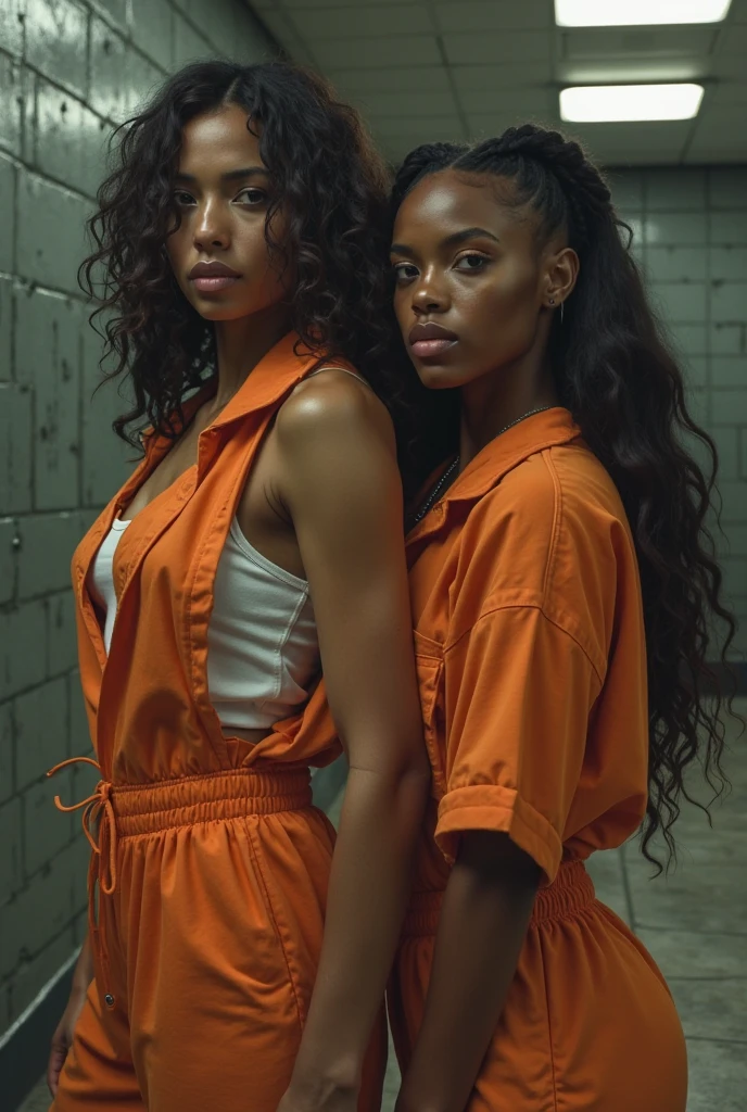 A beautiful Instagram model, long black hair , at prison , beautiful make up , orange prison jumpsuit, full body view, in cage, two girls , sitting