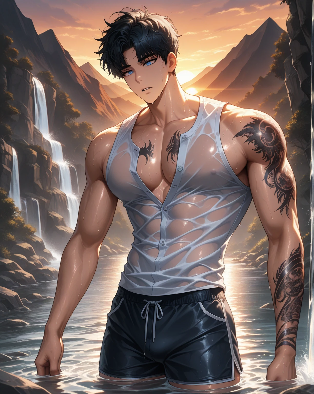 (absurdos, High resolution, ultra detallados), 1 hombre, guapo, alto, musculoso, 25 years old, cabello corto negro, ojos color gris, peinado juvenil, pose seductora varonil, The pond is full of colorful flowers, A man lying on his back comfortably on top of him, directamente desde arriba, (camisa blanca, vaqueros), mojado, colorido, artistic, profundidad de campo,8k, hiperreal, 50mm, Kodak Portra 400, photograph by Martin Schoeller, luz natural, piel natural, Textura real de la piel, Fetiche de los piesAn award-winning photographic portrait of a man, Cabello corto negro, fondo magestuoso, Piel decorada surrealista, masculino, cascada en el fondo, castillo, cuerpo completo en movimiento, cuerpo definido, cuerpo completo, Impresionante realista, soleado, RAW photograph, cuerpo definido,maximalismo, Renderizado de octanaje, irreal, 8k, profundidad de campo, Bokeh, ojos grises, Cara sin pelo, tinta negra, 8k, hiperreal, 50mm, Kodak Portra 400, photograph by Martin Schoeller, luz natural, piel natural, Textura real de la piel, Fetiche de los pies