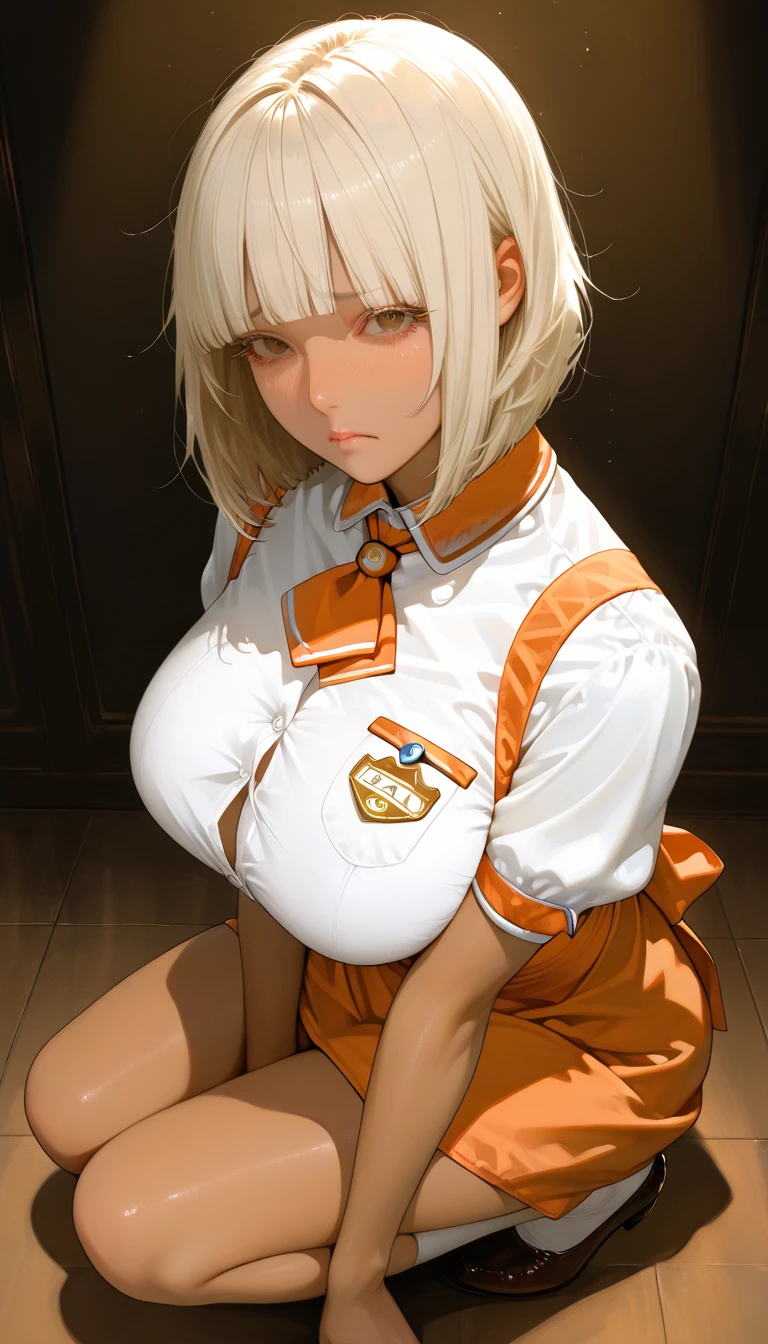 masterpiece, best quality, extremely detailed, 1girl, milf, solo, (dark skin, dark brown skin:1.8), elegg, (huge breasts), ((((hair intakes, multicolored hair), short hair, bangs, hair over one eyes, purple eyes))), parted lips, (((seifuku, blue sailor collar, long sleeves, long blue skirt))), ((light smile), closed mouth), ((school, indoor))