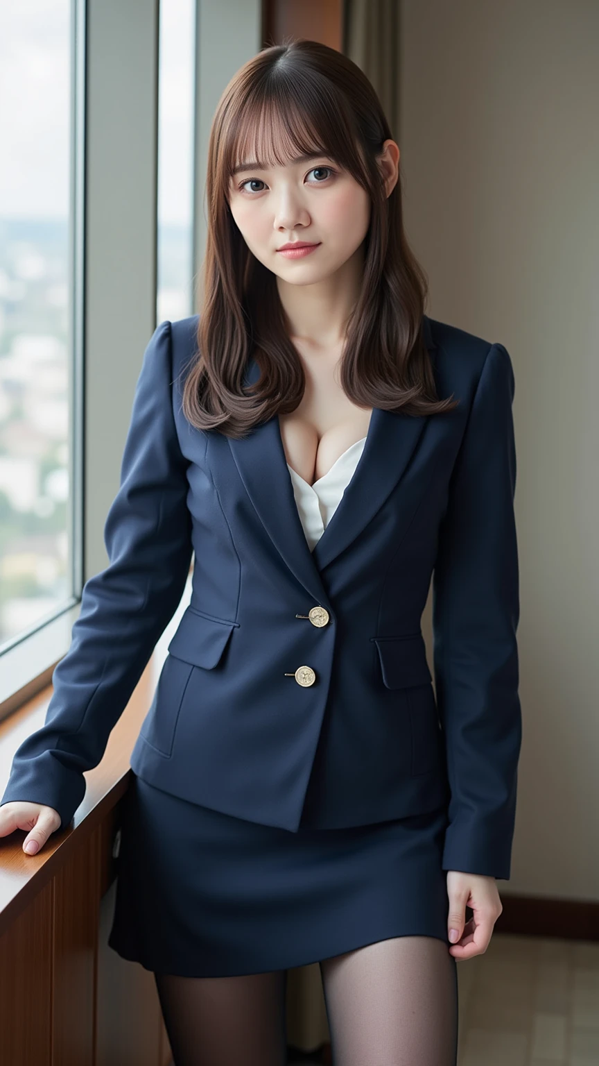 歩道に立つWoman in a suit,((40-year-old woman))、Big Breasts、Dark brown hair color、Hairstyles with bangr.々Hair style、Hair styles of different lengths、(8k, RAW Photos, highest quality, Tabletop: 1.2),、(Realistic, Realistic: 1.3), Cityscape, Day, Sunny Morning, Professional Lighting, Photon Mapping, shirt, (Woman in a suit,) Silk Suit、Pencil Skirt、Tight Skirt、((Delicate photo)),(女の子の詳細なRAW Photos), (Tabletop:1.25), (highest quality:1.6), (超A high resolution:1.5), (Realistic:1.75), 8K resolution, Canon EOS R5, 50mm, Absurd, Super detailed,Cinema Lighting,(Skirt flip:1.2)、Browsing Caution:1.1、the wind is strong、smile、I flipped up my skirt、Simple panties