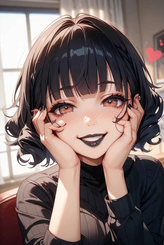 (masterpiece), ((最high quality)), (masterpiece,最high quality,Official Art,Highly detailed CG Unity 8k wallpaper)、Beautiful Japanese Women、Face drawn in detail、Smooth Skin、(Short black hair:1.5)、Calm expression、high quality、Realistic、((Hollow Eyes:1.3))、A seductive smile、(Open your mouth and stick out your tongue:1.5)、(Looking up at the viewer:1.4)、((Place one hand over your mouth))、